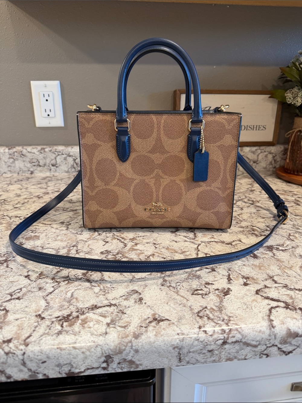 Coach Brown Signature Canvas Satchel with Navy Trim